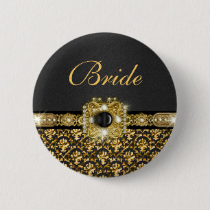 Black gold damask wedding bride 6 cm round badge