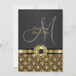 Black gold damask wedding invitation
