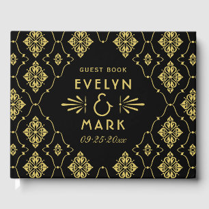 Black Gold Damask Wedding Monogram Guest Book