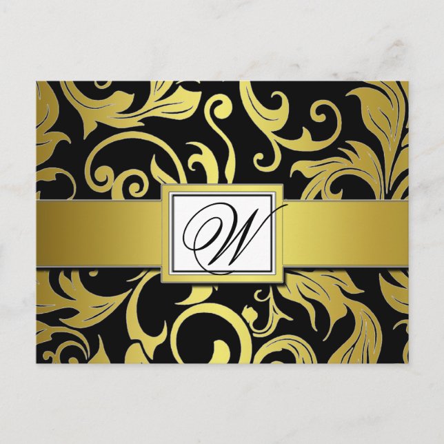 Black Gold Damask Wedding Save the Date Postcards (Front)