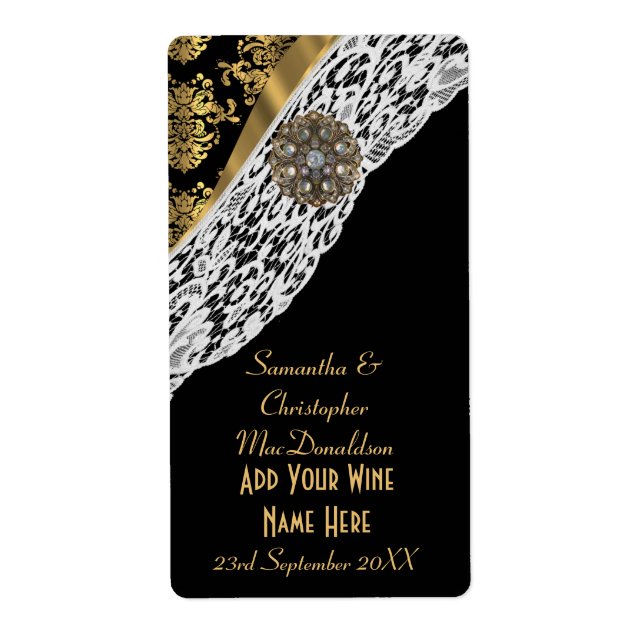 Black gold damask white lace wedding wine bottle (Front)