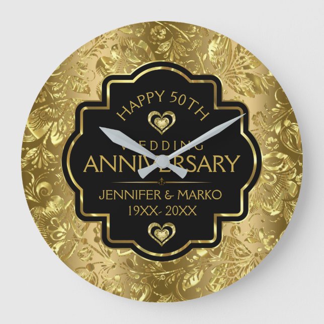Black & Gold Damasks 50th Wedding Anniversary Large Clock (Front)