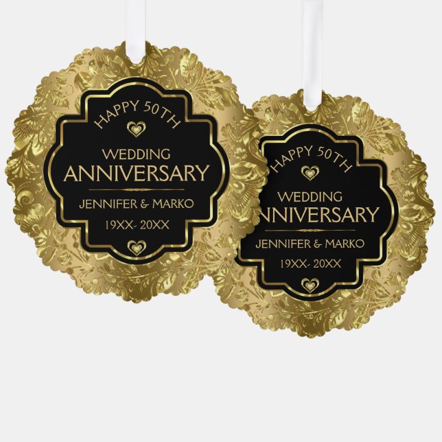 Black & Gold Damasks 50th Wedding Anniversary Tree Decoration Card (Front/Back)