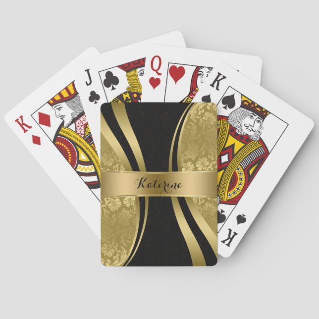 Black & Gold Damasks Geometric Design Playing Cards (Back)