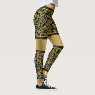 Black & Gold Damasks & Stripes Pattern Leggings