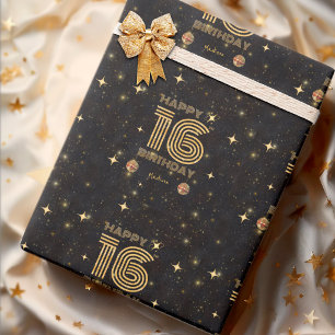 Black Gold Dancing Disco Ball 16th Happy Birthday Wrapping Paper