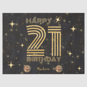 Black Gold Dancing Disco Ball 21st Happy Birthday Tissue Paper
