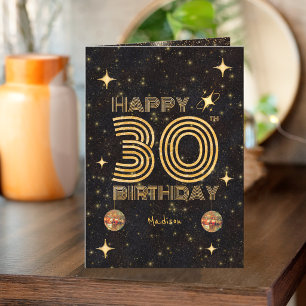 Black Gold Dancing Disco Ball 30th Happy Birthday Card