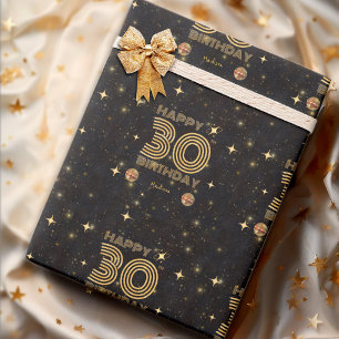 Black Gold Dancing Disco Ball 30th Happy Birthday Wrapping Paper