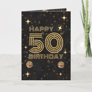 Black Gold Dancing Disco Ball 50th Happy Birthday Card