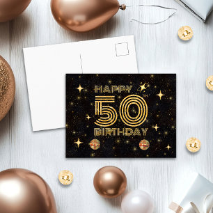 Black Gold Dancing Disco Ball 50th Happy Birthday Postcard