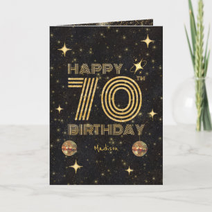 Black Gold Dancing Disco Ball 70th Happy Birthday Card