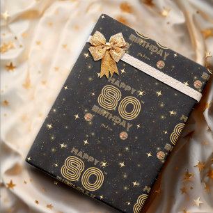 Black Gold Dancing Disco Ball 80th Happy Birthday Wrapping Paper