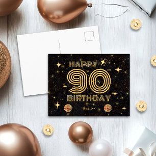 Black Gold Dancing Disco Ball 90th Happy Birthday Postcard