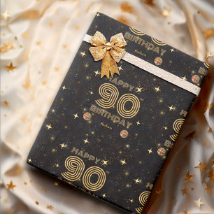Black Gold Dancing Disco Ball 90th Happy Birthday Wrapping Paper