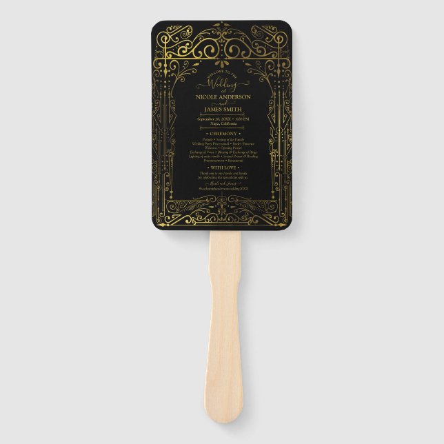 Black Gold Deco Chic Glam Wedding Program Hand Fan (Front)