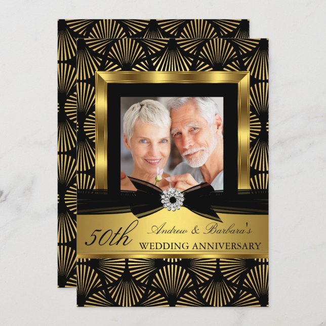 Black Gold Deco Photo 50th Wedding Anniversary Invitation (Front/Back)