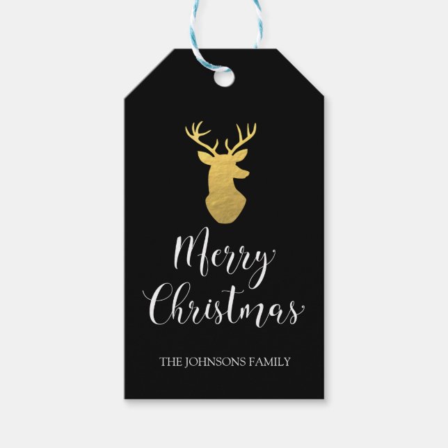 Black & Gold Deer Merry Christmas Gift Tag (Front)