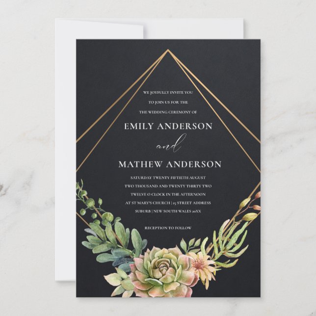 BLACK GOLD DESERT SUCCULENT CACTI FOLIAGE WEDDING INVITATION (Front)