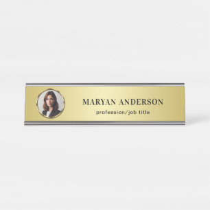 Black & gold design, Logo or Photo in gold circle, Desk Name Plate