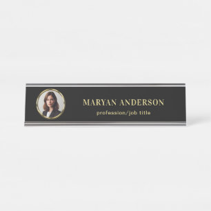 Black & gold design, Logo or Photo in gold circle, Desk Name Plate