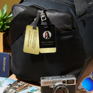Black & gold design, Logo or Photo in gold circle, Luggage Tag