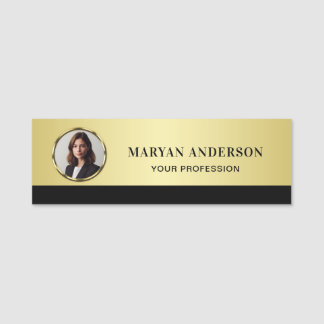 Black & gold design, Logo or Photo in gold circle, Name Tag