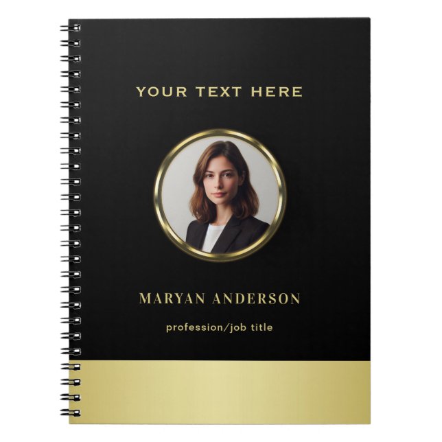 Black & gold design, Logo or Photo in gold circle, Notebook (Front)