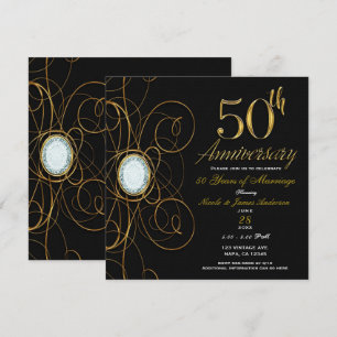 Black & Gold Diamond 50 50th Chic Anniversary Invitation