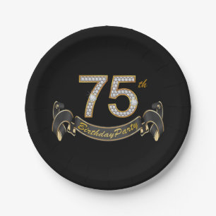 Black Gold Diamond 75th Birthday Party Paper Plate