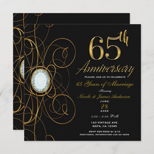 Black & Gold Diamond Chic 65 65th Anniversary Invitation (Front/Back)