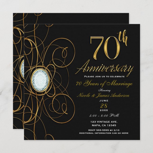 Black & Gold Diamond Chic 70 70th Anniversary Invitation (Front/Back)
