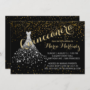 Black Gold Diamond Dress Quinceanera Invitation