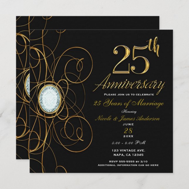 Black & Gold Diamond Elegant 25 25th Anniversary Invitation (Front/Back)