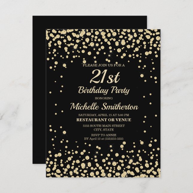 Black Gold Diamond Glitter Women's 21st Birthday Card (Front/Back)