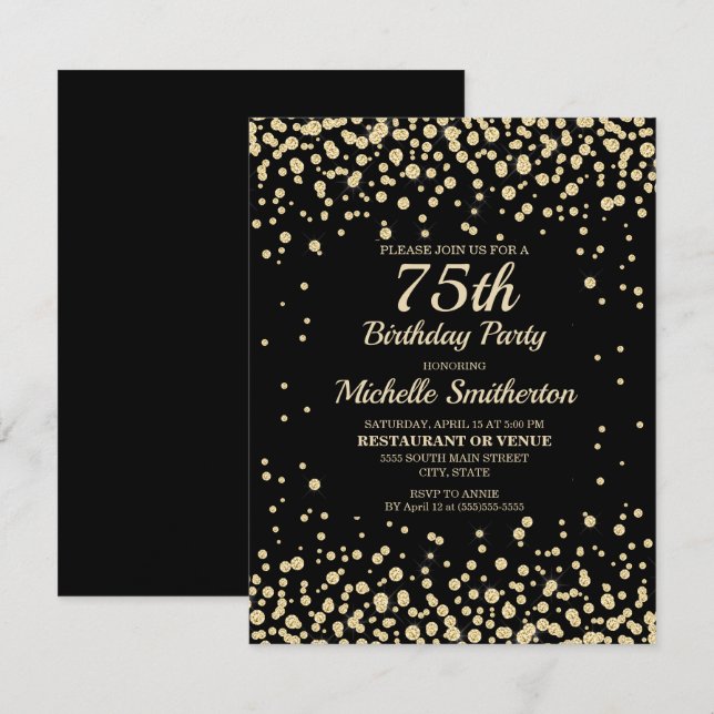 Black Gold Diamond Glitter Women's 75th Birthday Card (Front/Back)