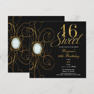 Black & Gold Diamond Sweet 16 Birthday Invitation