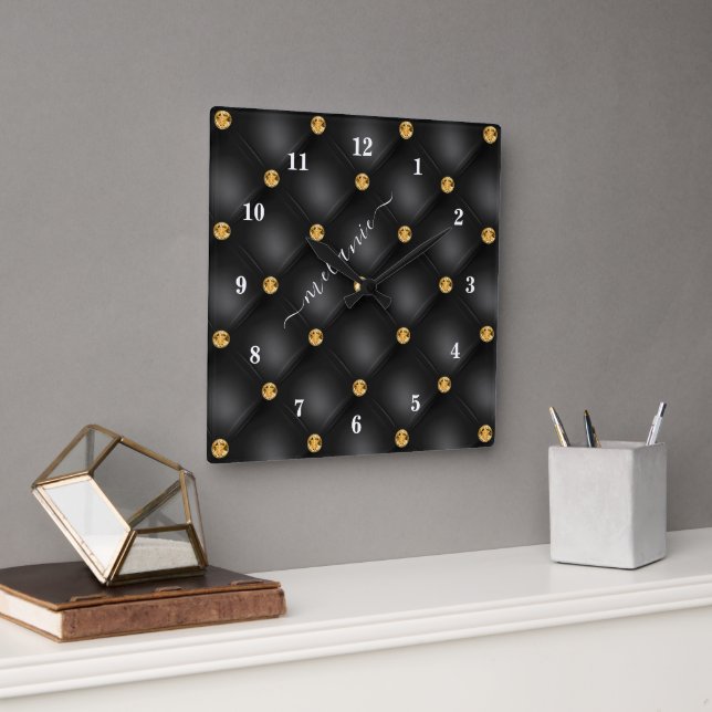 Black Gold Diamond Tufted Clock with Custom Name (Office)