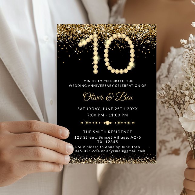 Black & Gold Diamonds 10th Anniversary Invitation (Gold Diamonds 10th Anniversary Invitation)