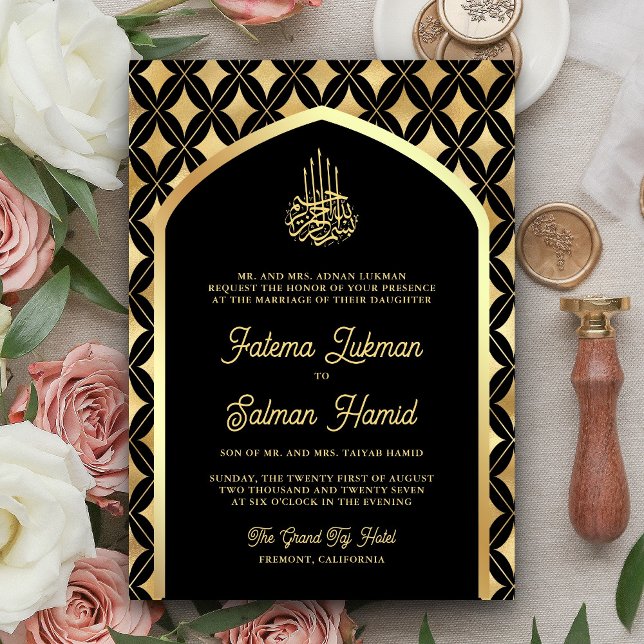 Black Gold Diamonds Arch Muslim Wedding Invitation (Creator Uploaded)