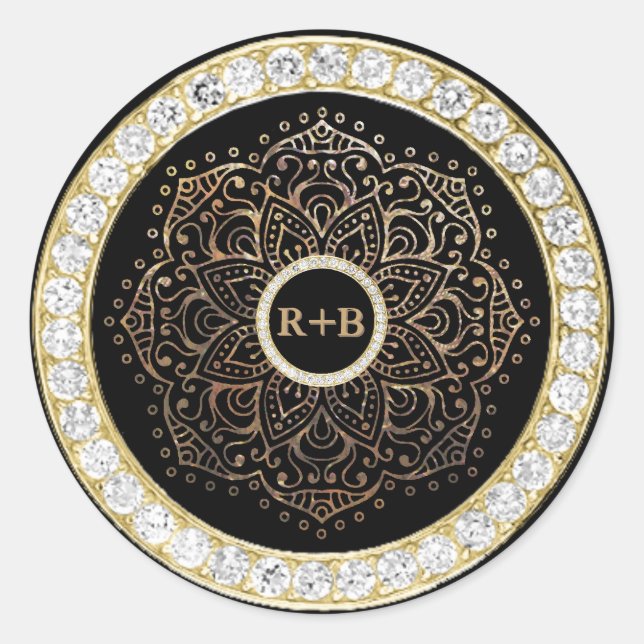 Black Gold Diamonds Mandala Boho Wedding Favour Classic Round Sticker (Front)
