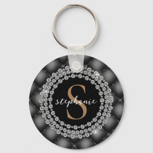 Black Gold Diamonds Monogram Tufted Sparkly Luxury Key Ring