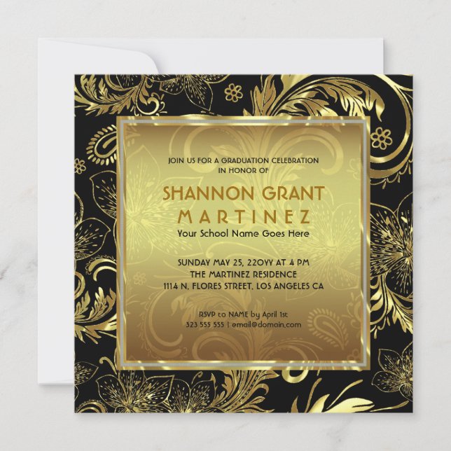 Black Gold & Diamonds Pattern-Elegant Grad Invite (Front)