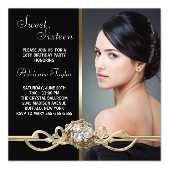 Black Gold Diamonds Photo Sweet Sixteen Birthday Card