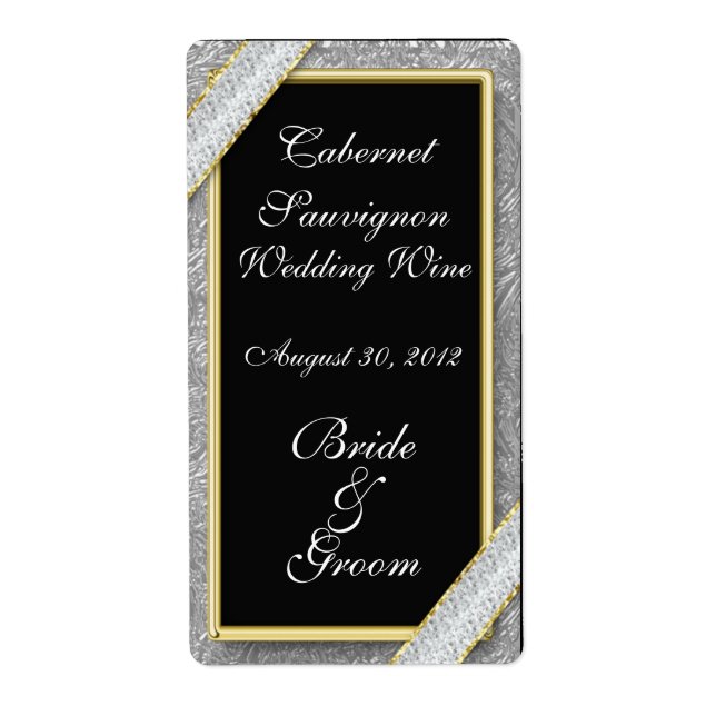 Black Gold & Diamonds Wedding Wine Label (Front)