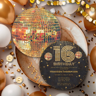 Black Gold Disco Ball Golden Birthday 16th Party Invitation