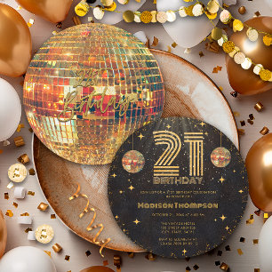 Black Gold Disco Ball Golden Birthday 21st Party  Invitation