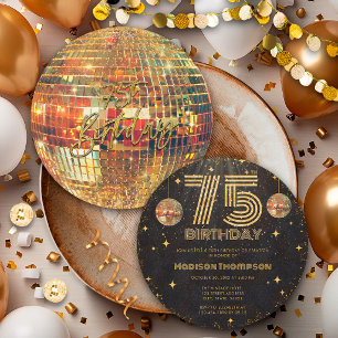 Black Gold Disco Ball Golden Birthday 75th Party  Invitation