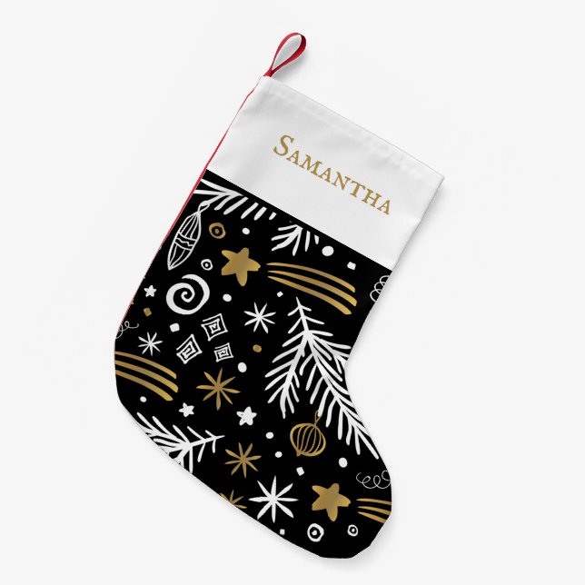 Black gold doodle pine with name  festive small christmas stocking (Front (Hanging))