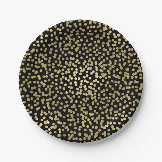 Black & Gold Dots Confetti Elegant Glam Paper Plate (Front)